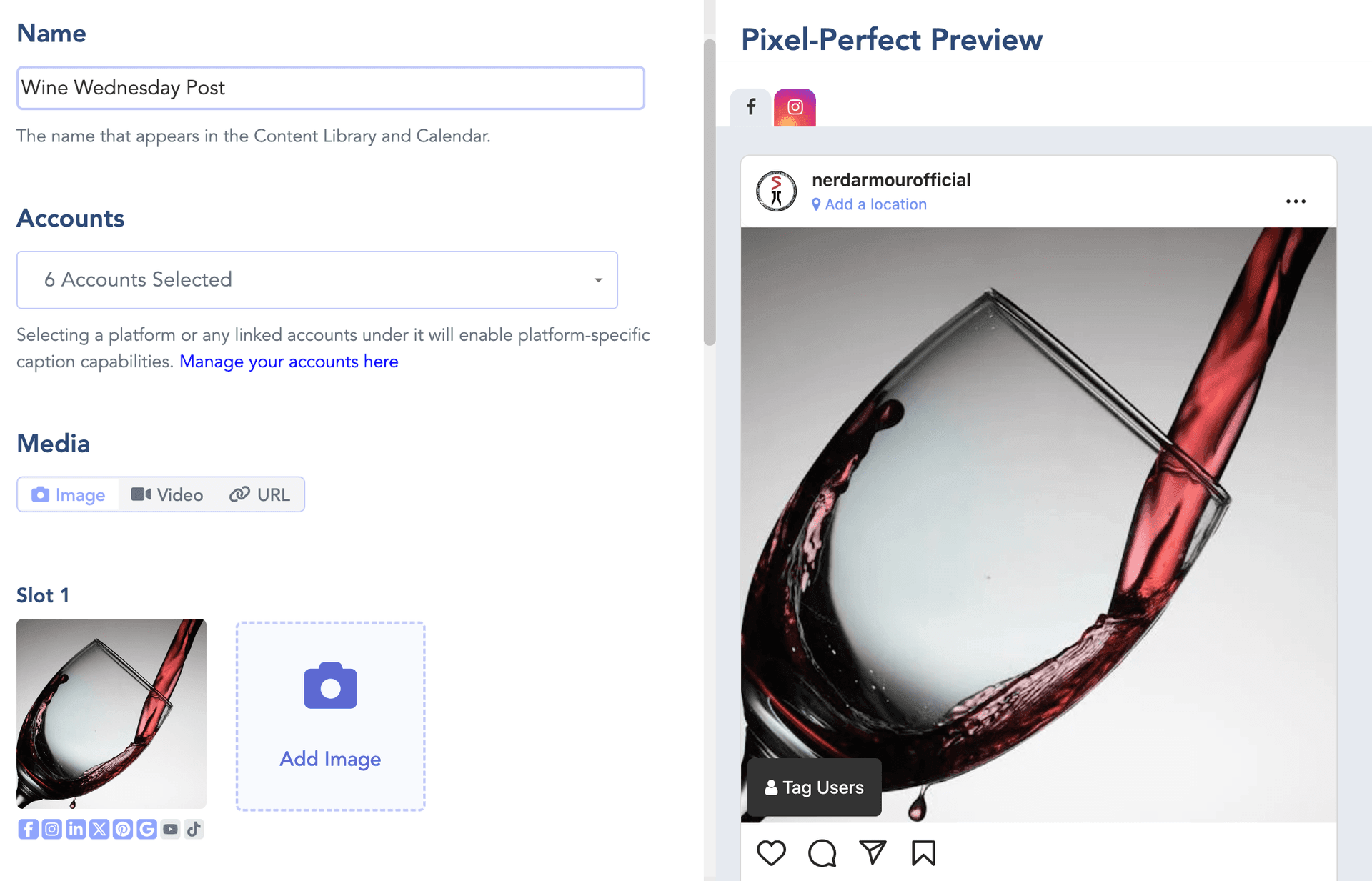 Red wine being poured into a tilted wine glass against a gray background.